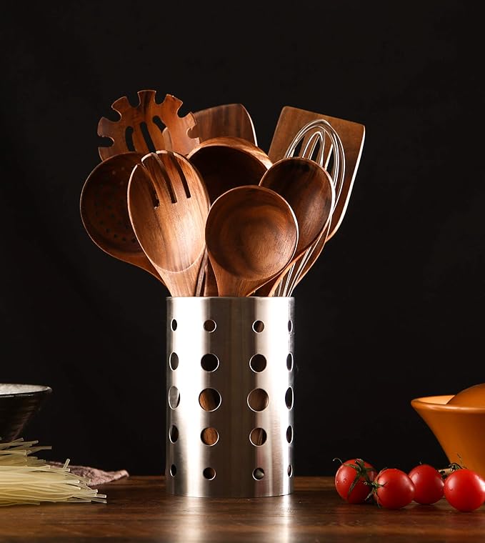 11Pcs Wooden Cooking Utensils Set, Teak Wooden Spoons for Cooking, Comfort Grip - Sturdy - Non Stick Wooden Spatulas for Stirring, Cooking, Kitchen Utensils Set with Stainless Holder