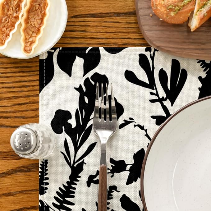 Artoid Mode Black Bunny Leaves Bow Easter Placemats Set of 4, 12x18 Inch Spring Table Mats for Outdoor Home Party Kitchen Dining Decor