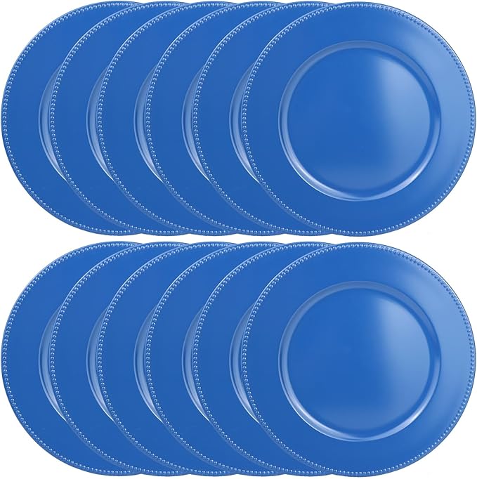 Set of 12 Plastic Blue Charger Plates, Elegant Chargers for Table Dinner Decoration, Wedding, Holiday,13"