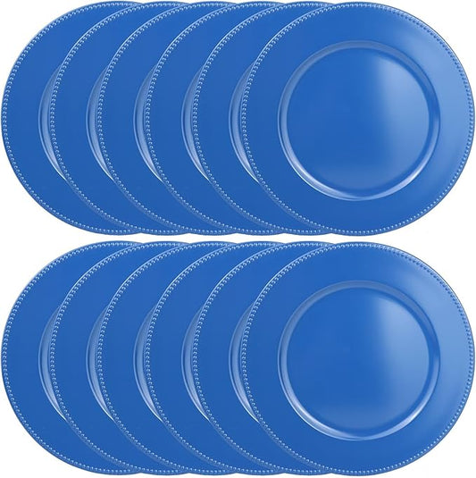 Set of 12 Plastic Blue Charger Plates, Elegant Chargers for Table Dinner Decoration, Wedding, Holiday,13"