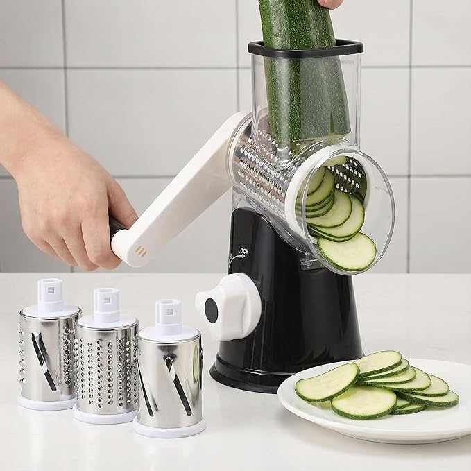 Manual Multi-Function Vegetable Slicer & Grater ??Interchangeable Blades for Shredding, Slicing, Shaving (Vegetables, Cheese, Nuts) (2, White, black)