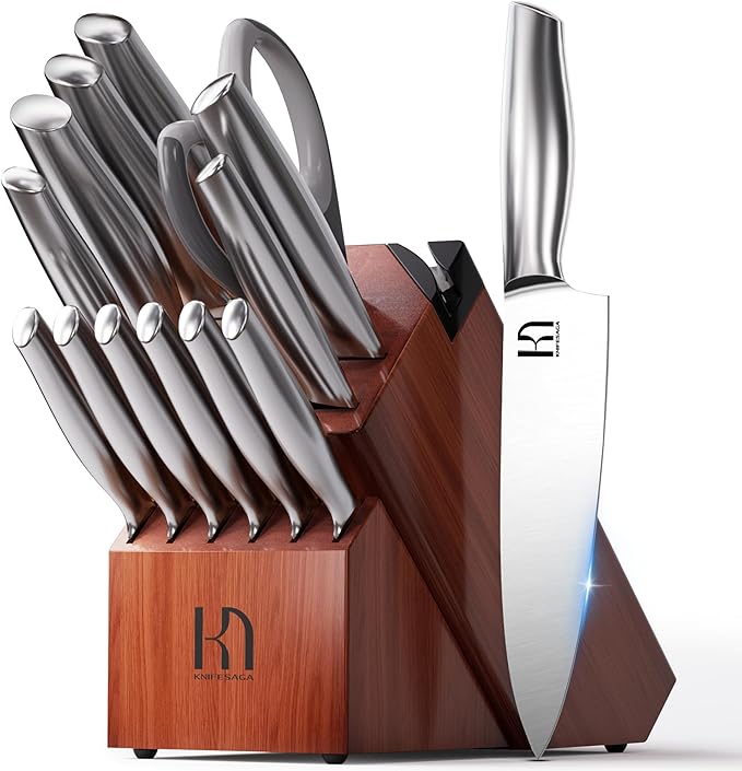 Knife Set Premium, Japanese High Carbon Stainless Steel 14 Pcs Kitchen Knives Block Set with Built-in Sharpener and Wood Block, Razor Sharp Knife Sets for Kitchen with Ergonomic Handle