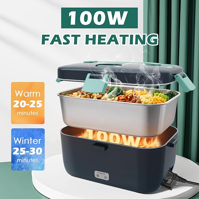 COZYEXPERT Electric-Lunch-Box-Heated-Food-Warmer 100W Heating Lunchbox for Adults 1.8L Portable Food Heater for Work/Car, 12V/24V/110-230V Lonchera El챕ctrica Port찼til with Fork Spoon (Gray+Green)