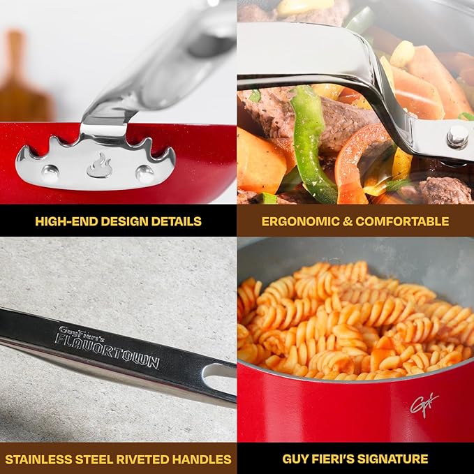 Guy Fieri's Flavortown 6-Piece Ceramic Cookware Set, 8" & 10.2" Frypans, 2QT Saucepan, 3.2QT Saut챕pan Nonstick, Made without PFAS PTFE PFOA, Oven & Dishwasher Safe, Easy to Clean, Red