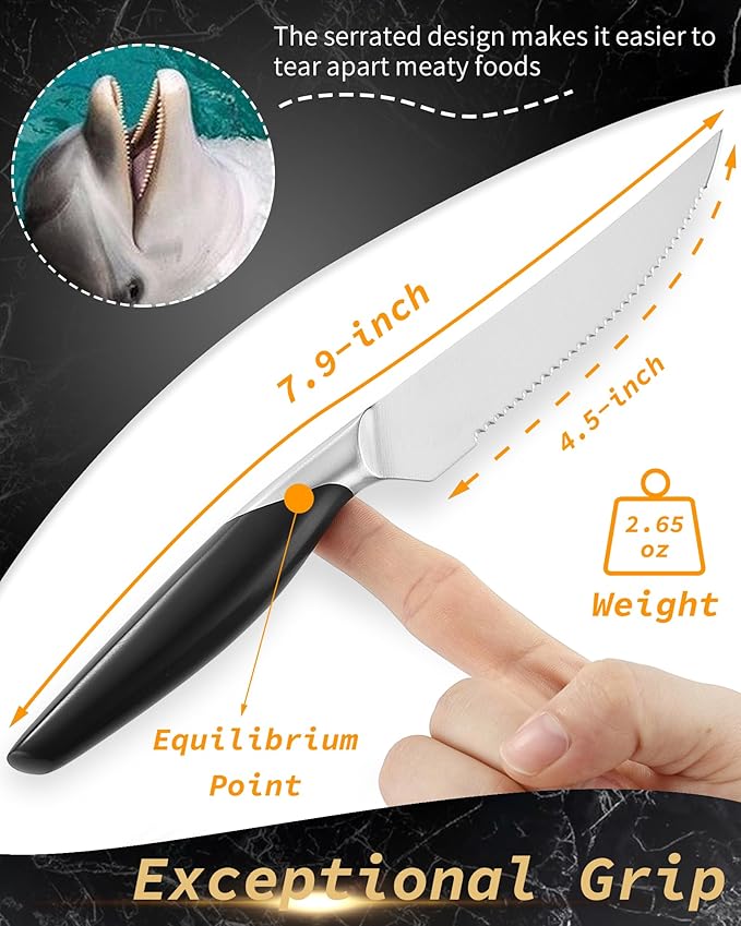 Steak Knives Set of 6, Serrated Edge German 1.4116 Stainless Steel, Forged Black Resin Handle - Dishwasher Safe Steak Knife Set for Dinner, Restaurant & Home Use