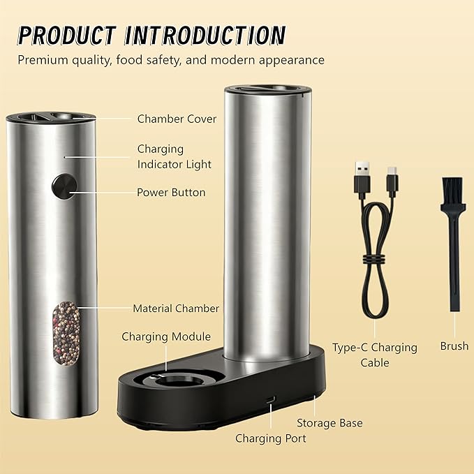Electric Salt and Pepper Grinder Set,Rechargeable,Adjustable Coarseness,LED Light with Dual Charging Base,110ml Upgraded Large Capacity,Top-Refill,Stainless Steel Automatic Pepper Shakers