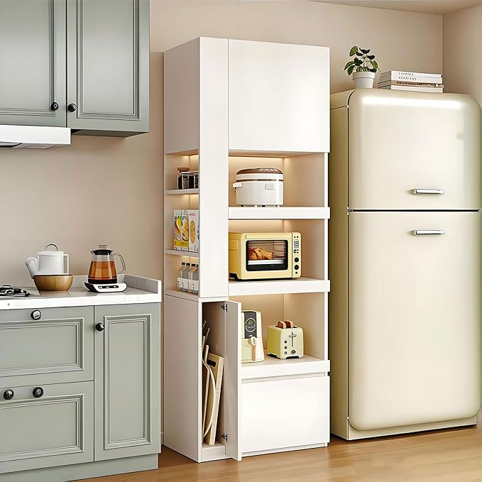 LINLIUA 71'' Tall Kitchen Pantry Cabinet, Wood Pantry Storage Cabinet with Doors, 3 Pull-Out Shelves and Drawer, Modern Slim Kitchen Hutch for Dining Room Small Space