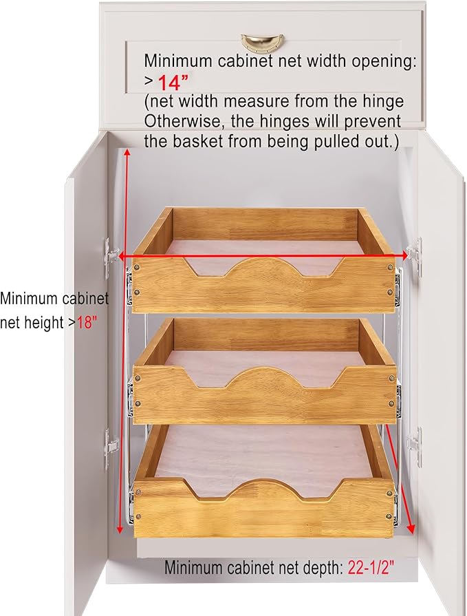 DINDON 3 Tier Pull Out Cabinet Organizer 14?쓂 X21?쒭 Slide Out Shelves With Shelf Liner for Kitchen Wood Roll Out Drawers Pantry Organization