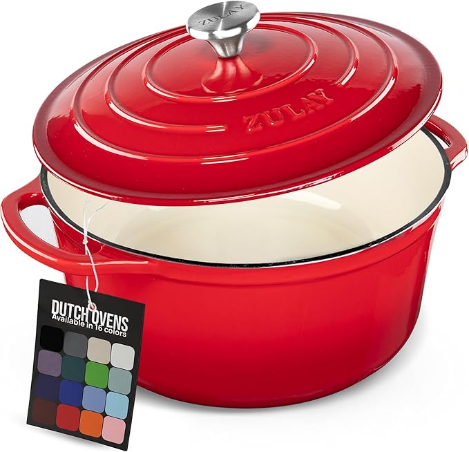 Zulay Kitchen 7.7 Quart Enameled Cast Iron Dutch Oven Pot with Lid ??Premium Durability & Oven Safe up to 500째F ??Heavy Duty Cookware Perfect for Bread Baking, Stews, Braising & Roasting ??Red
