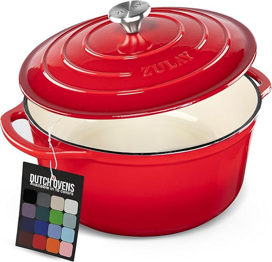 Zulay Kitchen 7.7 Quart Enameled Cast Iron Dutch Oven Pot with Lid ??Premium Durability & Oven Safe up to 500째F ??Heavy Duty Cookware Perfect for Bread Baking, Stews, Braising & Roasting ??Red