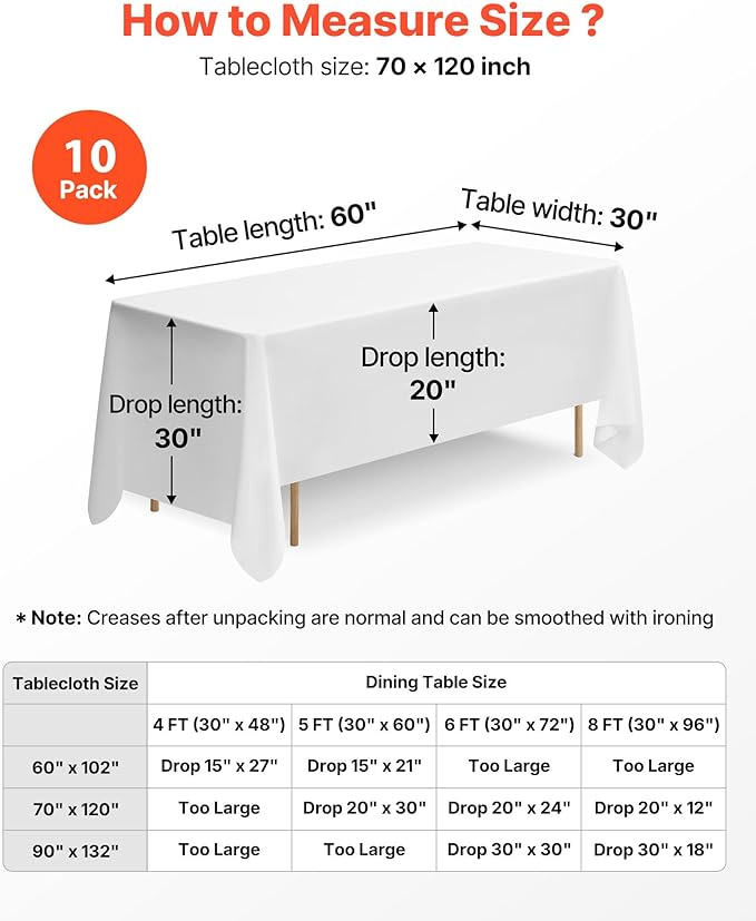 VEVOR White Tablecloths for Rectangle Tables, 10 Pack, 70 x 120 Inches, Reusable and Machine Washable Table Clothes, Wrinkle-Resistant Polyester Fabric Table Covers for Wedding, Party, Banquet