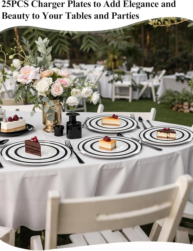 WDF 25 Pack Black Charger Plates - Clear Charges with Black Trim - 12inch Disposable Chargers Plates for New Year/Dinner Party/Wedding/Birthday