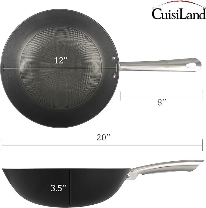 Cuisiland 12" Honeycomb Classic Cast Iron Wok ??Non-Stick Wok, Stainless Steel Long Handles, Oven Safe Cookware Classic Cast Iron Heat Retention, Less Oil Cooking