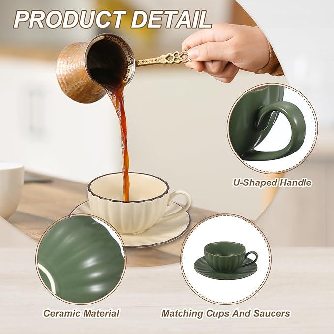 uxcell Handmade Vintage Espresso Cups, 8 oz Coffee Cups and Saucers Ceramic Tea Cup with Handle Dishwasher and Microwave Safe for Latte Cappuccino Milk Office Home Gifts, Dark Green