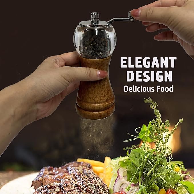Pepper Grinder, Classical Roast Black Manual Pepper Grinder Set, Hand Shake Sea Salt Mill, Retro Style Wood竊?Acrylic竊똂eramic Blades, Enjoy Fresh Pepper Spices (Walnut color 2pcs-6in)