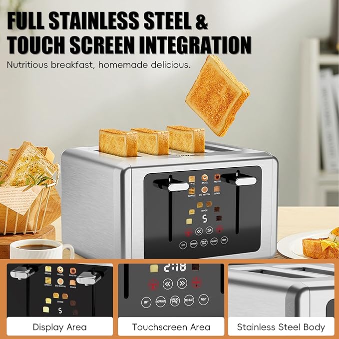 WHALL Touch Screen Toaster 4 Slice, Smart Digital Toaster with 1.5" Wide Slots, 6 Shade Settings & 6 Bread Types, Memory Function, Countdown Timer, Brushed Stainless,Ideal Kitchen Gift & Essential