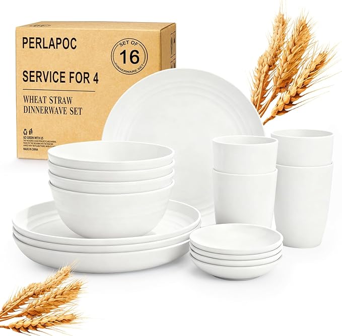 Wheat Straw Plates and Bowls Sets of 16竊똗nbreakable Dinnerware Sets for 4, Microwave & Dishwasher Safe Kids Dish Set for Kitchen, Outdoor, Camping, Party, RV- White