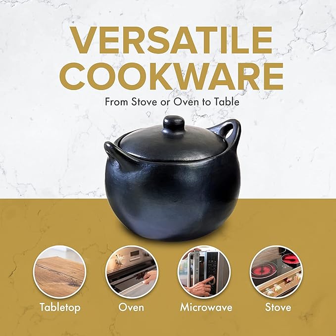 Authentic Chamba Soup & Bean Pot - Elegant Handmade Black Clay Dutch Oven with Cover - Perfect for Soups, Beans, Stocks & More - Versatile & Durable