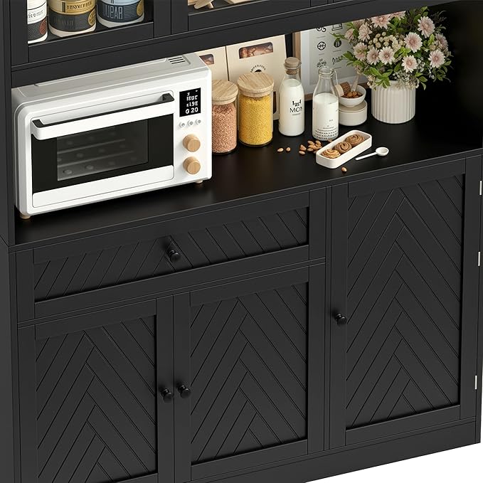 72??Tall Kitchen Pantry Storage Cabinet, Modern White Kitchen Hutch with Large Storage Drawer, Countertop, Adjustable Shelves, Food Pantry Cabinets for Dining Room, Living Room (Black)