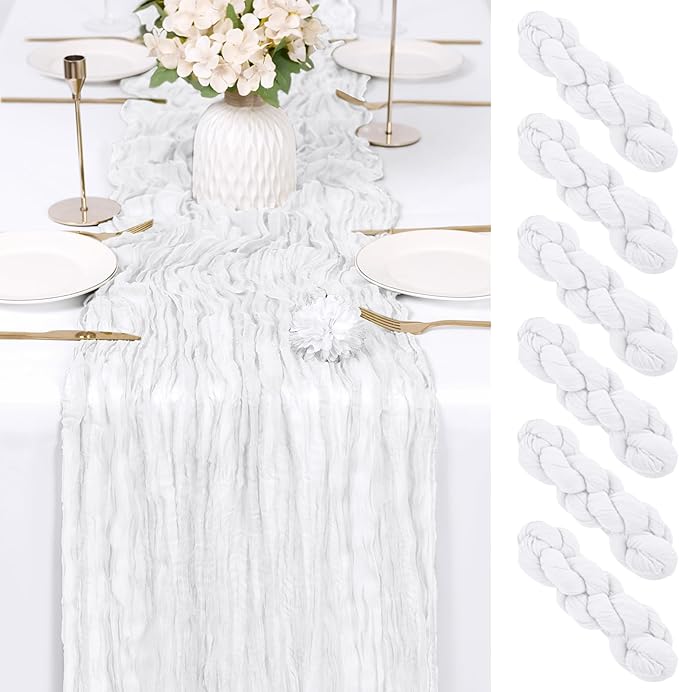 RealBox 6 Pack White Cheesecloth Table Runner 17x108 Inch Semi Sheer Boho Gauze Cheese Cloth Fabric Table Runners Table Decor for Wedding Party Baby Shower Birthday Home Decor Garden Farmhouse