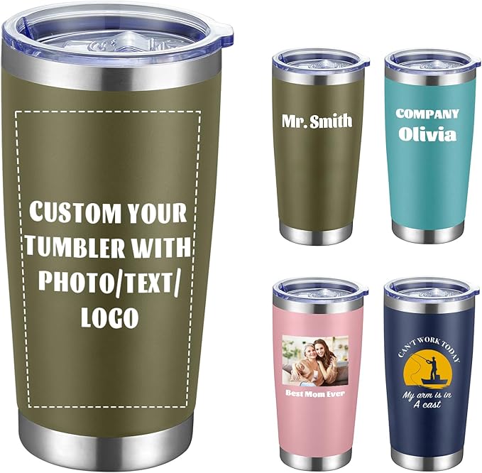 COMOOO Personalized 20oz Stainless Steel Tumbler with Lid, Insulated Tumbler Custom Gift with Text, Photo, Logo for Men, Women, Friends竊똀rmy Green, 1 Pack