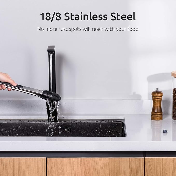 Kitchen Tongs, U-Taste 7/9/12 inches Cooking Tongs, with 600쨘F High Heat-Resistant Non-Stick Silicone Tips, 18/8 Stainless Steel Handle, for Food Grill, Salad, BBQ, Frying, Serving, Pack of 3(Black)