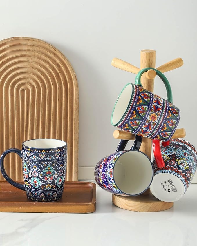 glowworm 16 oz Coffee Mugs Set of 4, Large Ceramic Coffee Cups, Colorful Mugs Set with Handles for Latte, Hot Cocoa, Tea, Housewarming Gift, Dishwasher & Microwave Safe, Bohemian