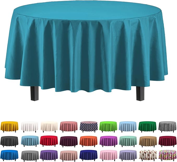 Party Solids 6-Pack Premium Plastic Tablecloth 84in. Round Plastic Table Cover - Turquoise