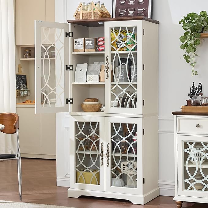 67" Tall Pantry Cabinet Set of 2, Vintage Kitchen Pantries Cabinets with Glass Doors & Adjustable Shelves, Wood Cupboard with Large Storage for Dingning Room, Bathroom, Antique White