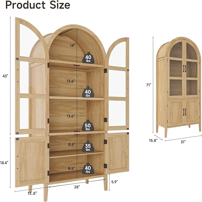 ONBRILL 71" Tall Arched Cabinet, 5-Tier Arched Kitchen Pantry with Glass Doors & Shelves, Modern Display Storage Cabinets with Adjustable Feet, Wooden Pantry Cabinet for Living Room, Dining Room