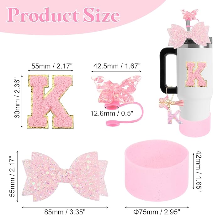 uxcell 8Pcs Cup Accessories Set for Cup Tumbler with Handle, Including Silicone Straw Cover, Boot, Spill Proof Stopper, Handle Charm, Initials Sticker(Letter K, Pink)