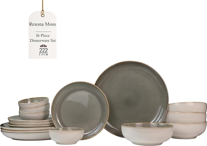 Sango 16-Piece Stoneware Dinnerware Set for 4, Glossy Cream/Green Plates and Bowls Sets with Reactive Glaze, Ceramic Dish Set, Modern Dishes for Everyday Use, Microwave & Dishwasher Safe, Resona Moss