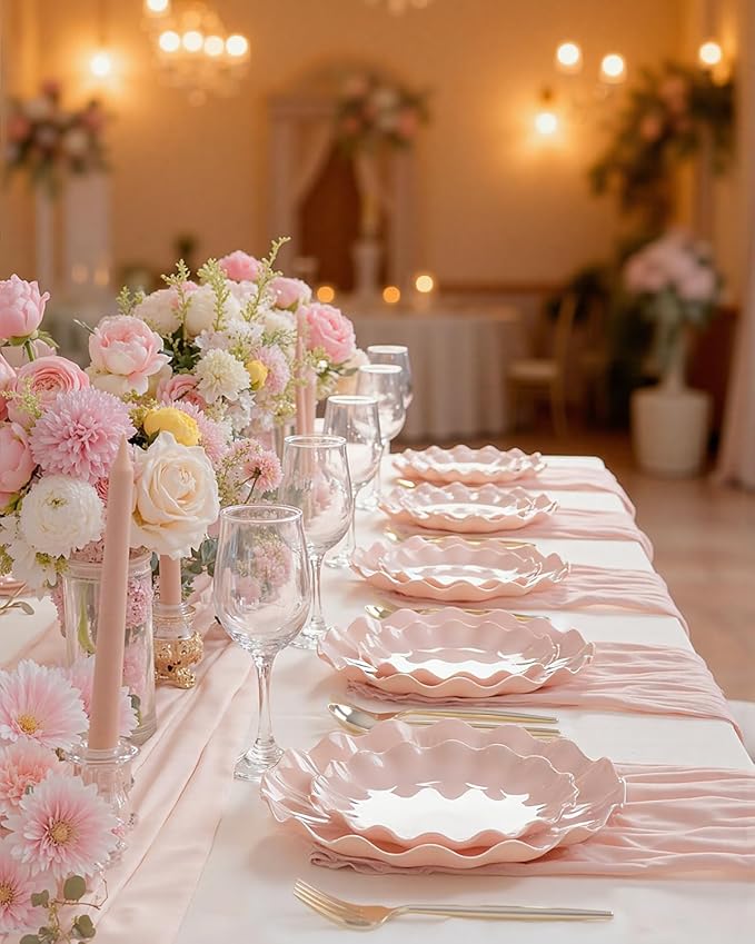LIYH 20 Pcs 10 Inch Pink Scalloped Plastic Plates Reusable - Unbreakable Plastic Wavy Plates for Weddings Party Outdoor Picnics Dishwasher Safe BPA Free 10" Dinner Plate