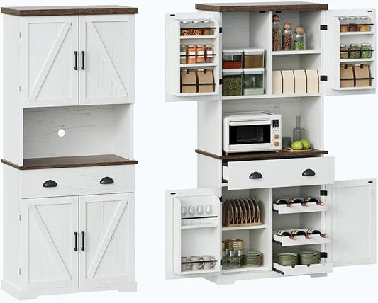 ChooChoo 72" Pantry Cabinet with Storage Drawers, Farmhouse Kitchen Hutch Bar Cabinet with Microwave Stand, Kitchen Cupboard with Door Shelves for Dining Room, Living Room, Antique White & Brown