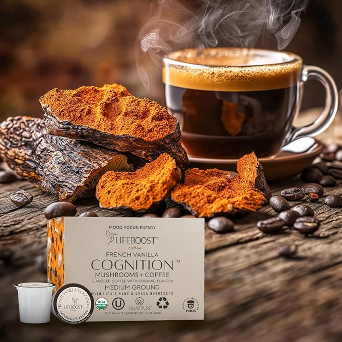 Lifeboost French Vanilla Cognition Mushroom Coffee Pods - Low Acid Organic K-Cups with Lion?셲 Mane & Chaga Nootropic Mushrooms for Focus, Energy & Immune Support - 10 Count