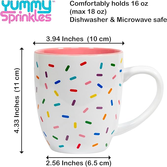 Rose Pink Cute Coffee Mug with Rainbow Sprinkles | Birthday Cake Coffee Cup Gift | Large White Ceramic Cup | Ice cream and Dunkin Donuts Coffee Mugs