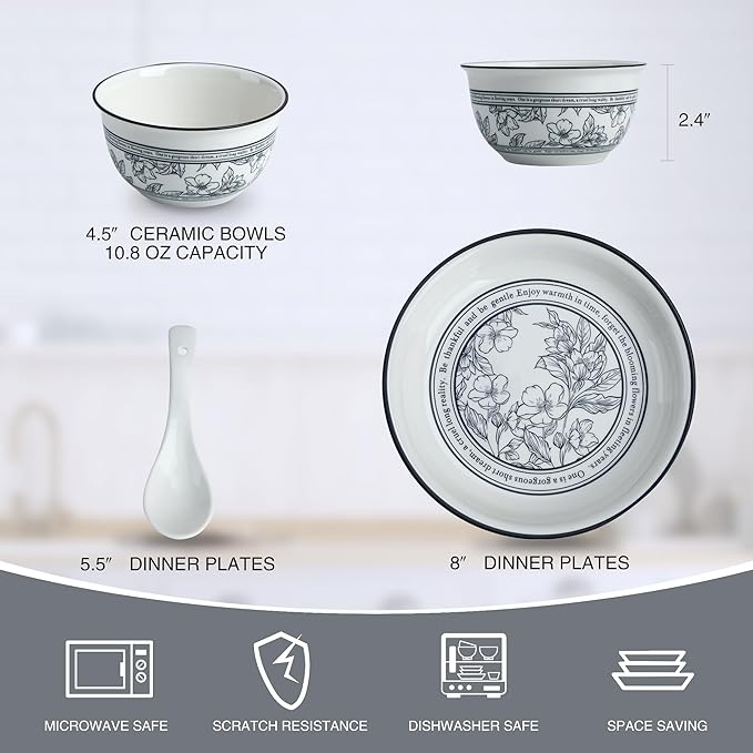 10 Piece Stoneware Dinnerware Sets for 2,White and Blue Floral Plates and Bowls Set, Microwave & Dishwasher Safe, Chip Resistant, Gift Box Included