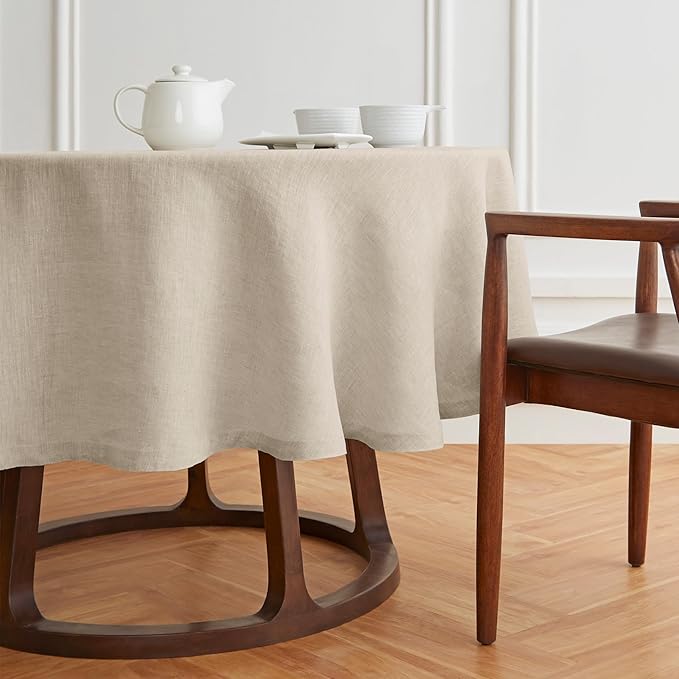 Solino Home Linen 60 Inch Round Tablecloth - 100% Pure Linen Flax Round Tablecloth - Machine Washable Table Cloth for Spring, Easter - Sonoma