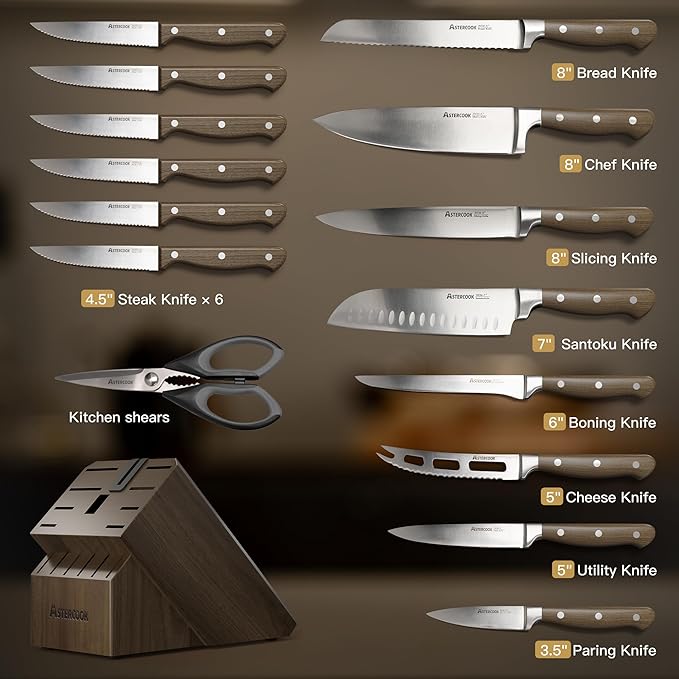 Astercook 17-Piece Forged Knife Set with Block | Full Tang Professional Kitchen Knives in Stainless Steel with Triple-Rivet Ergonomic Handles & Gift-Ready Collection