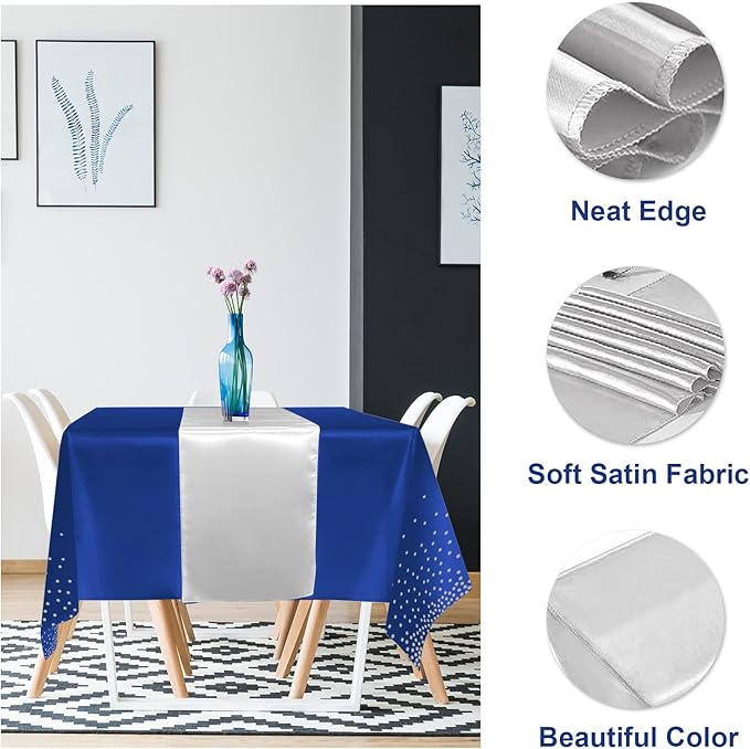 16Pack Disposable Plastic Tablecloths and Satin Table Runner Set Blue and Silver Dot Tablecloth Silver Satin Table Runner for Wedding Birthday Baby Shower Anniversary Christmas New Year Party Supplies