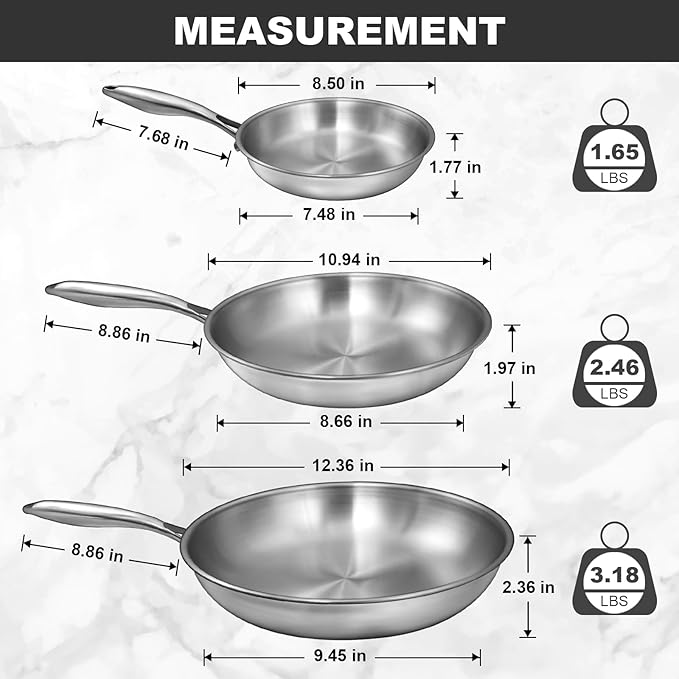 EWFEN Tri-Ply Stainless Steel Frying Pans Set, 8??10??12??Cooking pans, PFOA&PTFE Free Skillet, Induction Cooking Pan, Dishwasher and Oven Safe, Fast & Even Heat, Heavy Duty and Detachable Handle