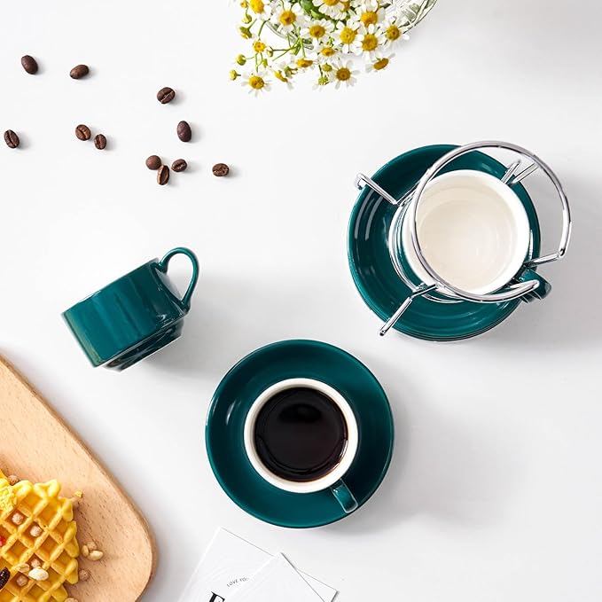 2.5oz Espresso Cups Set of 4, Small Stackable Coffee Cups with Saucers and Metal Stand, Ceramic Demitasse Cups, Cappuccino Cups for Coffee Drinks, Latte, Green
