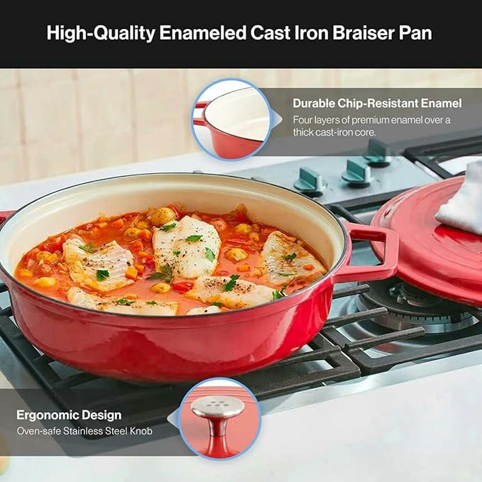 Misen 5.5 QT Braiser ??Enameled Cast Iron Pan for Searing, Braising & Slow Cooking ??No-Chip Enamel Coating ??Extra-Wide Handles ??Superior Heat Retention & Even Cooking - Red