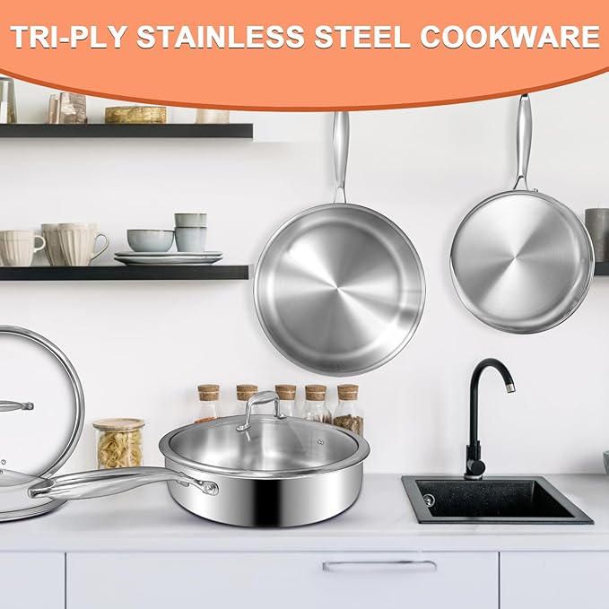 EWFEN 12 Inch Tri-Ply Stainless Steel Frying Pan, Deep Frying Pan with lids, Compatible with All Cooktops Up to 600?? Induction Cooking Pan, Dishwasher and Oven Safe, Fast & Even Heat