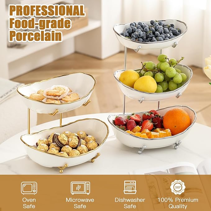 Ceramic Fruit Bowl for Kitchen Counter - 3 Tier Fruit Basket with Metal Stand, Tiered Fruit Stand for Countertop, Snack, Nuts, Cake, Dessert, Cute (Silver-rimmed, Small)