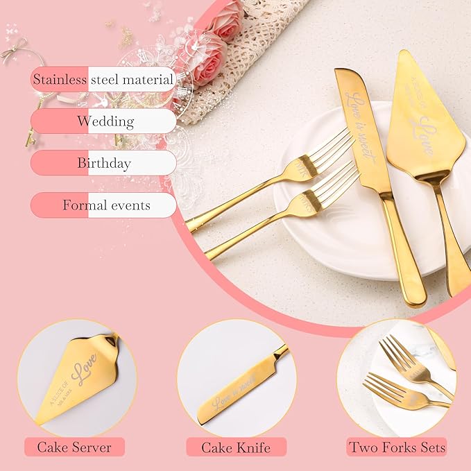 Wedding Cake Knife and Server Set with Forks for Bride and Groom, 4 Pieces Mr and Mrs Wedding Cake Cutting Set For Bridal Shower Gifts Couple Engagement Birthday Anniversary, Gold