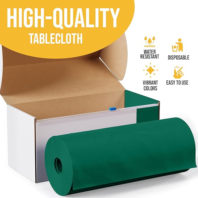 Party Solids 54 Inch X 100 Feet Dark Green Plastic Table Cover Roll in A Cut - to - Size Box with Convenient Slide Cutter. Cuts Up to 12 Rectangle 8 Feet Plastic Disposable Tablecloths