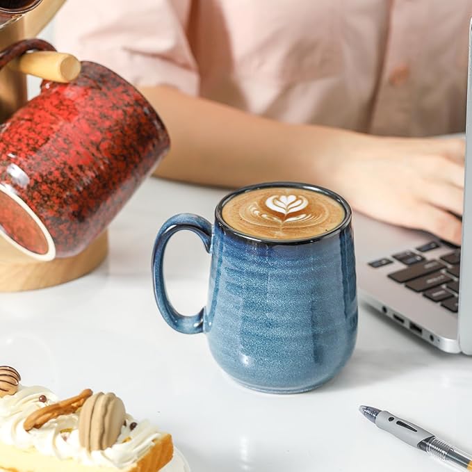 HASENSE Coffee Mugs Set of 4, 12 Oz Stoneware Coffee Cups with Large Handle, Colorful Rustic Mug Set for Coffee, Tea, Coco, Latte, Dishwasher and Microwave Safe