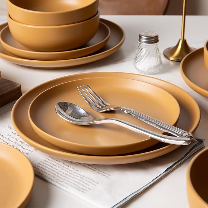 Furrnook 12-Piece Stoneware Dinnerware Set with Mugs | Microwave and Dishwasher Friendly | Stackable Matte Glaze Plates & Bowls | Service for 3 (Orange for 3)