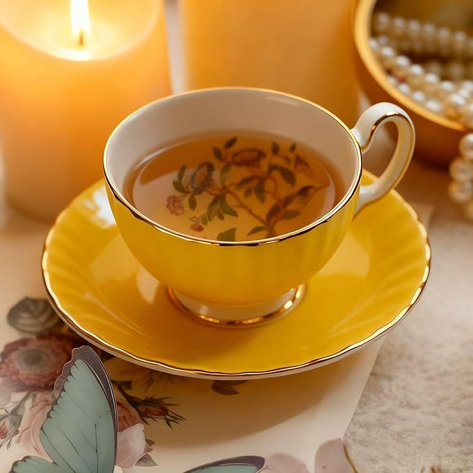 Aynsley Pembroke Glaze Oban 2-Piece Fine Bone China Teacup & Saucer - 6oz (180ml), Handpainted Floral with Gold Trim - Vintage Gift Set-Yellow